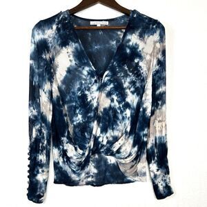 Young Fabulous & Broke Jayden Blue Faux Wrap Top XS Tie Dye Blue Water Color
